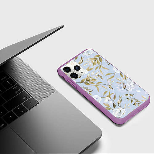 Чехол iPhone 11 Pro матовый Цветы Золотые Листья / 3D-Фиолетовый – фото 3