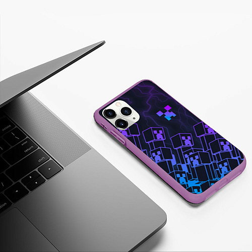 Чехол iPhone 11 Pro матовый Minecraft CREEPER NEON / 3D-Фиолетовый – фото 3