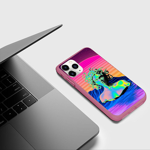 Чехол iPhone 11 Pro матовый Gorgon Medusa Vaporwave Neon Mountains / 3D-Малиновый – фото 3