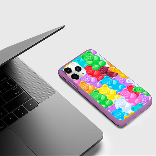 Чехол iPhone 11 Pro матовый Мармеладные мишки разноцветные / 3D-Фиолетовый – фото 3
