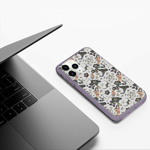 Чехол iPhone 11 Pro матовый Пентаграмма, бабочка, череп, ведьма, темные цветы / 3D-Серый – фото 3