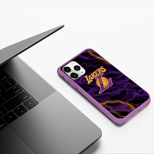 Чехол iPhone 11 Pro матовый Лейкерс Lakers яркие молнии / 3D-Фиолетовый – фото 3