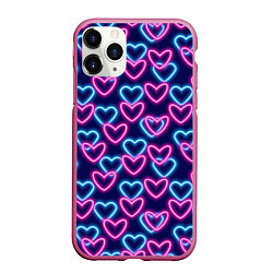 Чехол iPhone 11 Pro матовый Неоновые сердца, паттерн, цвет: 3D-малиновый