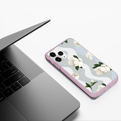 Чехол iPhone 11 Pro матовый Цветы Белые С Полосами, цвет: 3D-розовый — фото 2