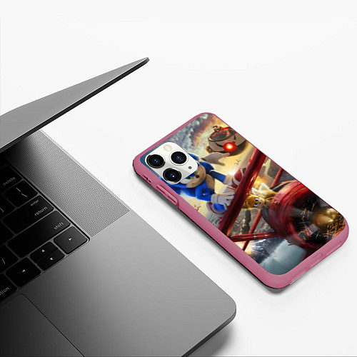 Чехол iPhone 11 Pro матовый Соник Тейлз и Доктор Эггман / 3D-Малиновый – фото 3
