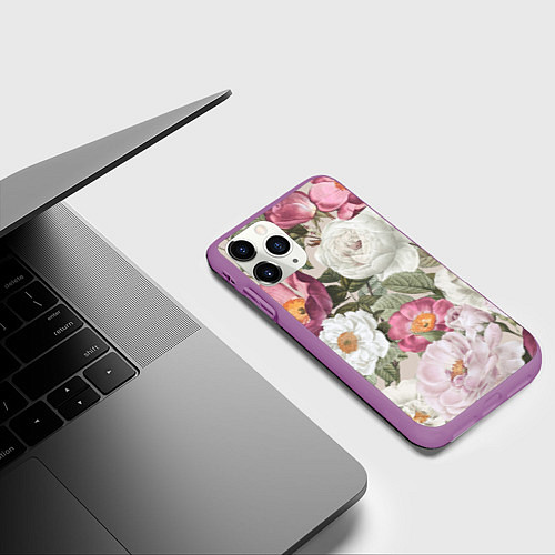 Чехол iPhone 11 Pro матовый Цветы Розовый Сад Пион и Роз / 3D-Фиолетовый – фото 3