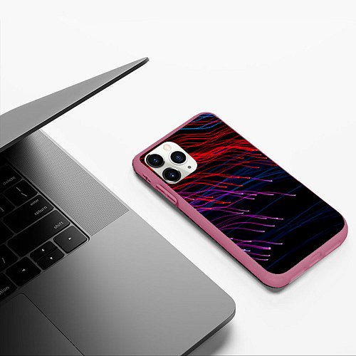 Чехол iPhone 11 Pro матовый Цветные неоновые линии на чёрном фоне Colored neon / 3D-Малиновый – фото 3