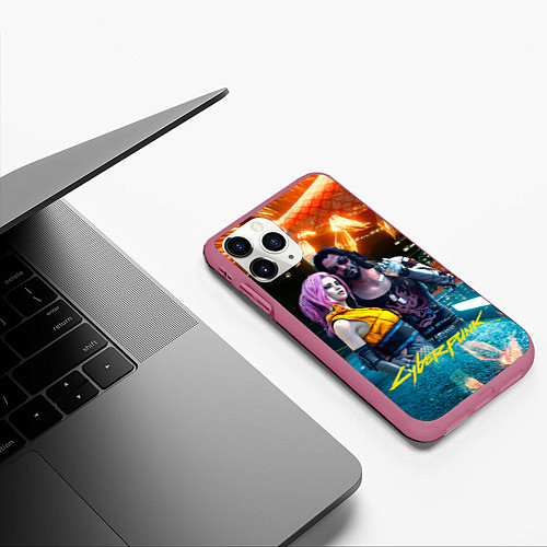 Чехол iPhone 11 Pro матовый Cyberpunk2077 Johnny Vi girl / 3D-Малиновый – фото 3