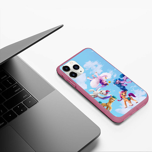 Чехол iPhone 11 Pro матовый My Little Pony летают в облаках / 3D-Малиновый – фото 3