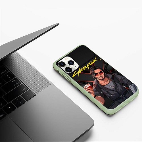 Чехол iPhone 11 Pro матовый Джонни с бокалом / 3D-Салатовый – фото 3