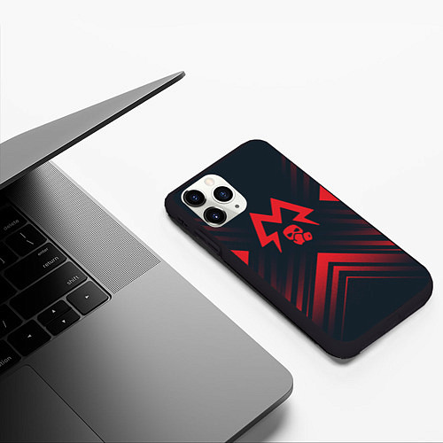 Чехол iPhone 11 Pro матовый Красный Символ Metro Exodus на темном фоне со стре / 3D-Черный – фото 3