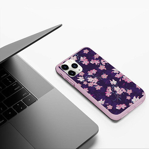 Чехол iPhone 11 Pro матовый Цветы Розовые На Фиолетовом Фоне / 3D-Розовый – фото 3