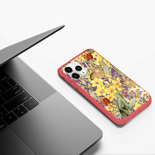 Чехол iPhone 11 Pro матовый Цветы Нарциссы и Зайцы / 3D-Красный – фото 3