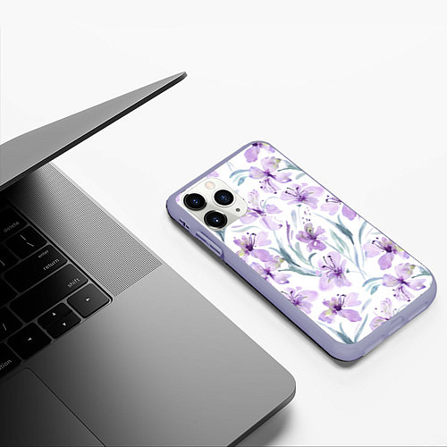 Чехол iPhone 11 Pro матовый Цветы Фиолетовые Нарисованные Акварелью / 3D-Светло-сиреневый – фото 3