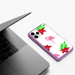 Чехол iPhone 11 Pro матовый Розовый фламинго с цветами, цвет: 3D-фиолетовый — фото 2