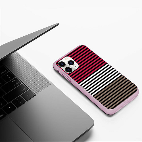 Чехол iPhone 11 Pro матовый Красно-коричневый полосатый узор / 3D-Розовый – фото 3