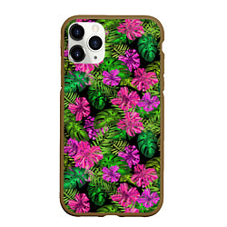 Чехол iPhone 11 Pro матовый Тропические листья и цветы на черном фоне, цвет: 3D-коричневый