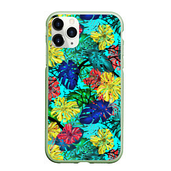 Чехол iPhone 11 Pro матовый Тропические растения на бирюзовом фоне, цвет: 3D-салатовый