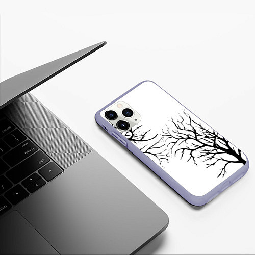 Чехол iPhone 11 Pro матовый Черные ветки деревьев на белом фоне / 3D-Светло-сиреневый – фото 3