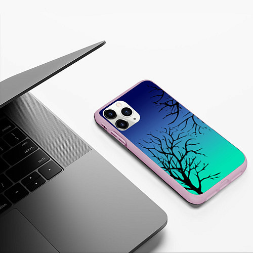 Чехол iPhone 11 Pro матовый Черные абстрактные ветки деревьев на сине-зеленом / 3D-Розовый – фото 3