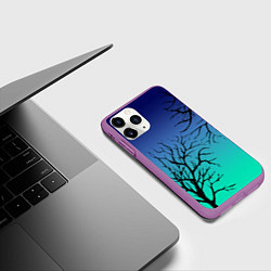 Чехол iPhone 11 Pro матовый Черные абстрактные ветки деревьев на сине-зеленом, цвет: 3D-фиолетовый — фото 2