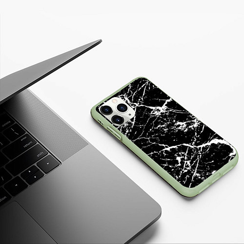 Чехол iPhone 11 Pro матовый Текстура чёрного мрамора Texture of black marble / 3D-Салатовый – фото 3