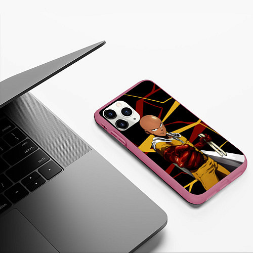 Чехол iPhone 11 Pro матовый One Punch Man - Сайтама-аниме / 3D-Малиновый – фото 3