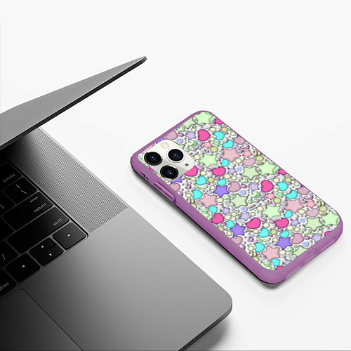 Чехол iPhone 11 Pro матовый 3D узор с бусами и стразами / 3D-Фиолетовый – фото 3