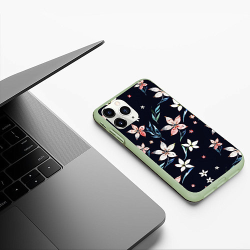 Чехол iPhone 11 Pro матовый Цветы Нарисованные Акварелью На Чёрном Фоне / 3D-Салатовый – фото 3