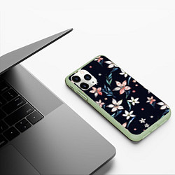 Чехол iPhone 11 Pro матовый Цветы Нарисованные Акварелью На Чёрном Фоне, цвет: 3D-салатовый — фото 2