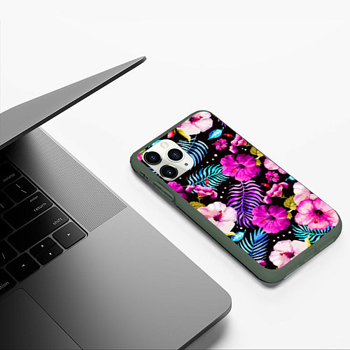 Чехол iPhone 11 Pro матовый Floral pattern Summer night Fashion trend / 3D-Темно-зеленый – фото 3