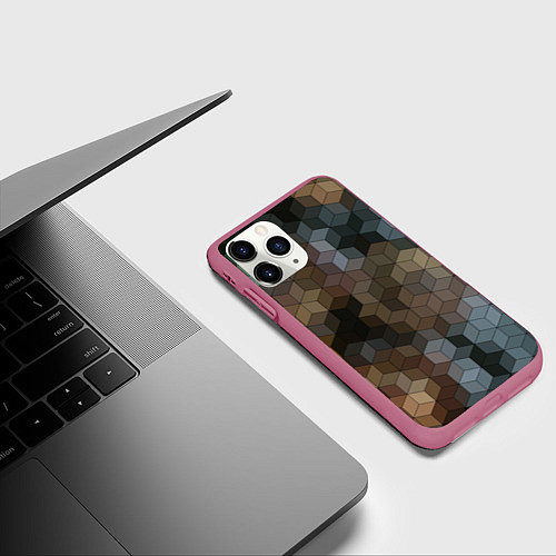 Чехол iPhone 11 Pro матовый Геометрический 3D узор в серых и коричневых тонах / 3D-Малиновый – фото 3