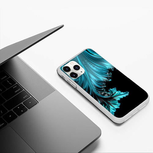Чехол iPhone 11 Pro матовый Черный с голубым неоновый фрактал Ледяная абстракц / 3D-Белый – фото 3