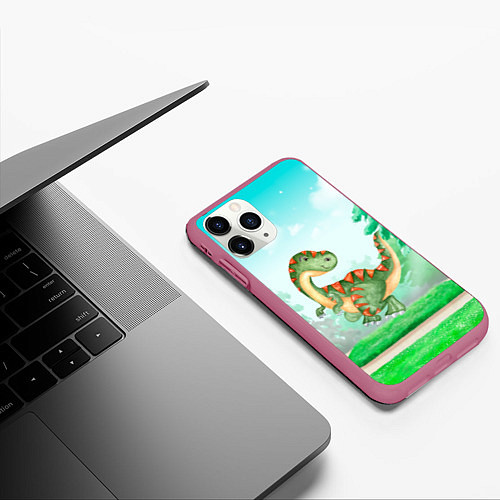 Чехол iPhone 11 Pro матовый Маленький Динозаврик / 3D-Малиновый – фото 3