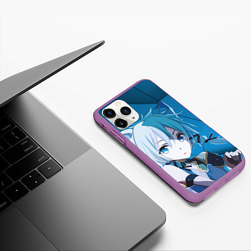 Чехол iPhone 11 Pro матовый Catgirl с синими ушками / 3D-Фиолетовый – фото 3