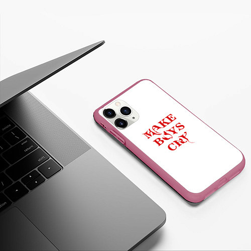 Чехол iPhone 11 Pro матовый Make boys cry дизайн с красным текстом / 3D-Малиновый – фото 3