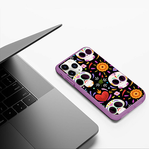 Чехол iPhone 11 Pro матовый Веселые черепа в цветах / 3D-Фиолетовый – фото 3