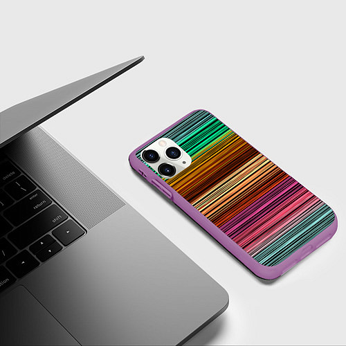 Чехол iPhone 11 Pro матовый Multicolored thin stripes Разноцветные полосы / 3D-Фиолетовый – фото 3