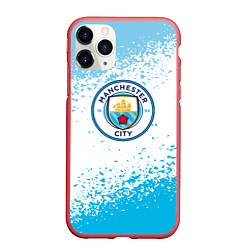 Чехол iPhone 11 Pro матовый Manchester голубые брызги на белом фоне, цвет: 3D-красный