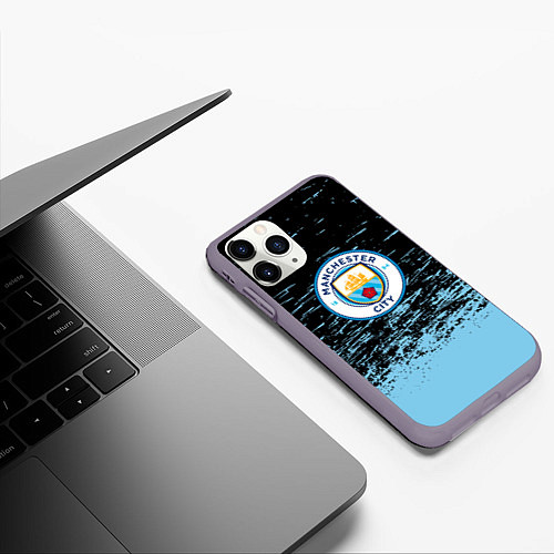 Чехол iPhone 11 Pro матовый Манчестер сити голубые брызги на черном фоне / 3D-Серый – фото 3