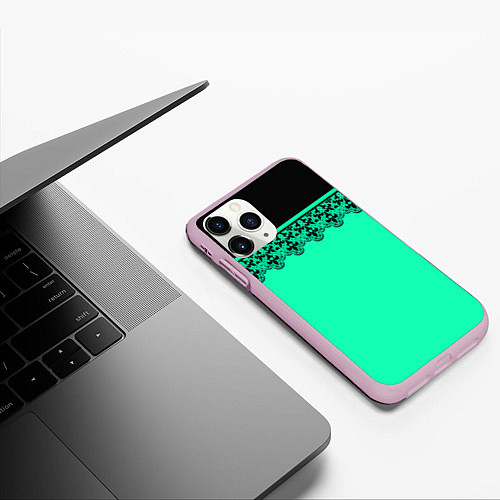 Чехол iPhone 11 Pro матовый Черные кружева на ярком неоновом зеленом фоне lace / 3D-Розовый – фото 3