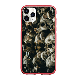 Чехол iPhone 11 Pro матовый Множество черепов во тьме - Жёлтый, цвет: 3D-красный