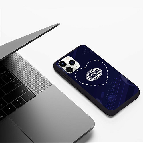 Чехол iPhone 11 Pro матовый Лого PSV в сердечке на фоне мячей / 3D-Черный – фото 3