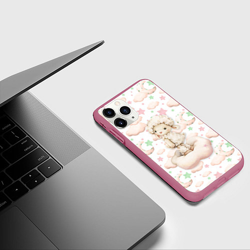 Чехол iPhone 11 Pro матовый Овечка на облачке на белом / 3D-Малиновый – фото 3