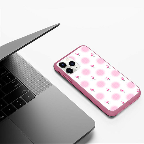 Чехол iPhone 11 Pro матовый Фламинго и круги на белом фоне / 3D-Малиновый – фото 3