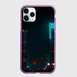 Чехол iPhone 11 Pro матовый Неоновые высотки в городе - Светло-синий, цвет: 3D-фиолетовый