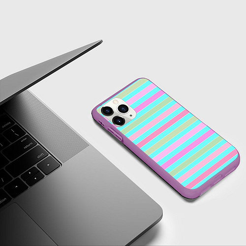 Чехол iPhone 11 Pro матовый Pink turquoise stripes horizontal Полосатый узор / 3D-Фиолетовый – фото 3