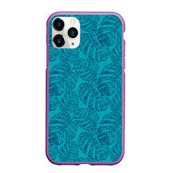 Чехол iPhone 11 Pro матовый Синие листья монстеры на голубом, цвет: 3D-фиолетовый