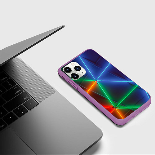 Чехол iPhone 11 Pro матовый Неоновые лучи разных цветов - Синий / 3D-Фиолетовый – фото 3