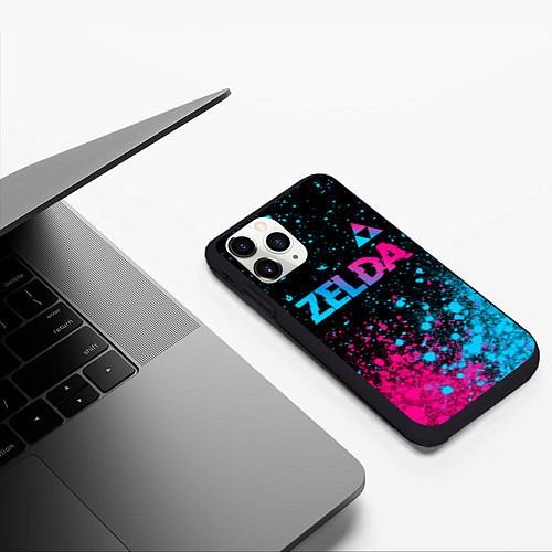 Чехол iPhone 11 Pro матовый Zelda Neon Triforce / 3D-Черный – фото 3